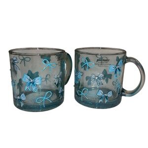 Blue Bow Glass Mugs Set of 2, hand painted NWT with rhinestones and raised bows